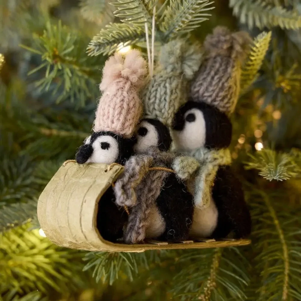 NWT West Elm Felted Penguin Sleigh Sled Fun Christmas Ornament